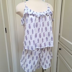 New! J Crew sz L Large Cotton-linen ruffle tank pajama set in lilac buds NWOT
